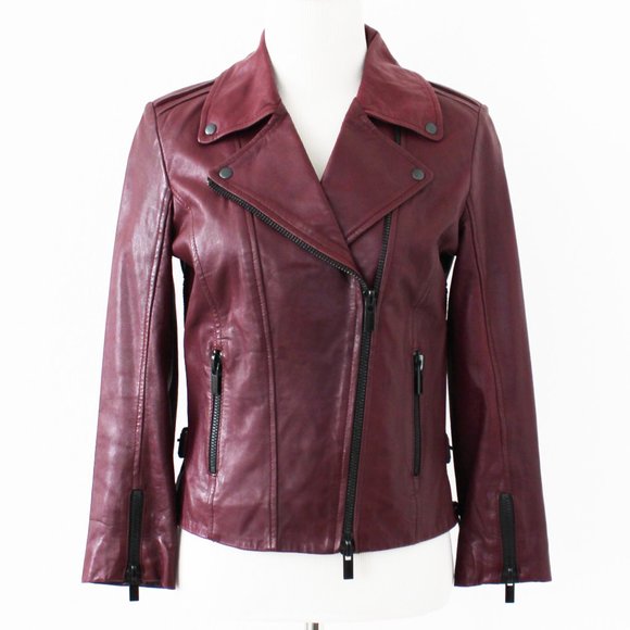 LaMarque Joanna Burgundy Asymmetric Motorcycle Leather Jacket Cropped Sleeves XS
